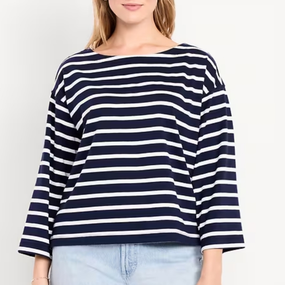 Old Navy Blue White Nautical Striped Coastal Grandmother Boatneck Top XXL NWT
